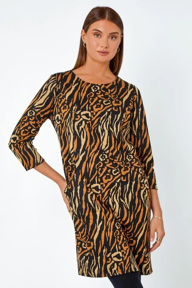 Women Camel Animal Print Shift Stretch Dress Roman Dresses