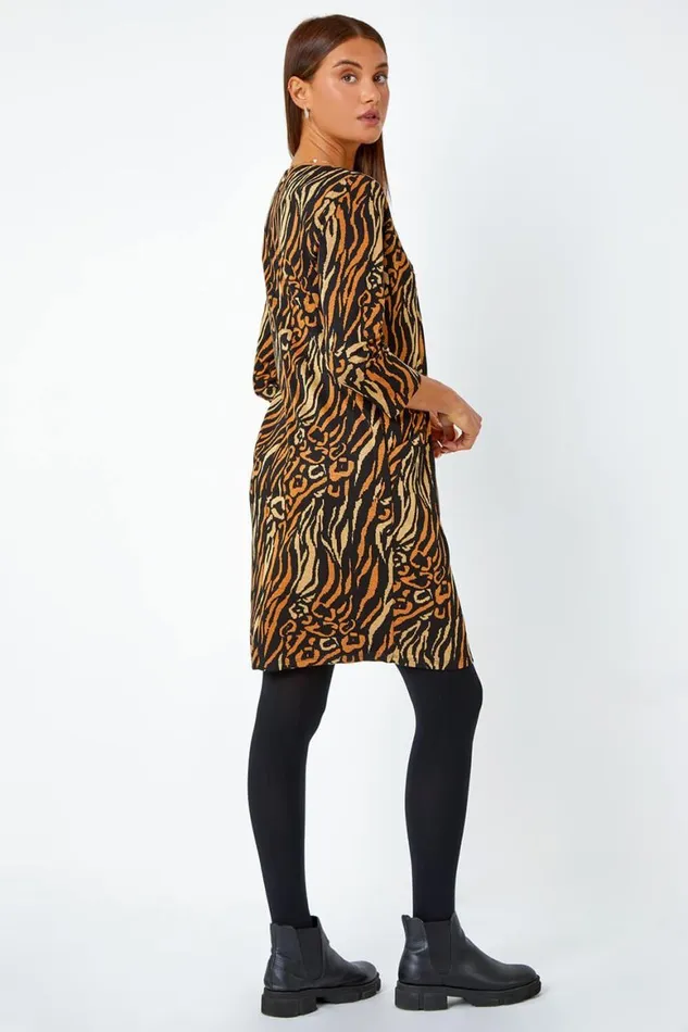 Women Camel Animal Print Shift Stretch Dress Roman Dresses