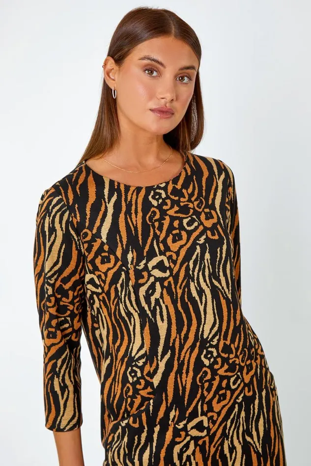 Women Camel Animal Print Shift Stretch Dress Roman Dresses