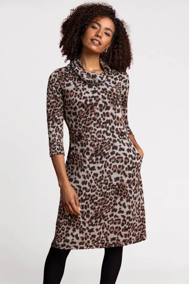 Women Camel Leopard Print Cowl Neck Dress Roman Dresses