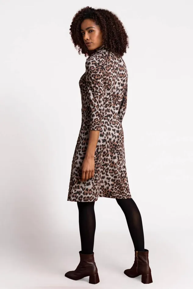 Women Camel Leopard Print Cowl Neck Dress Roman Dresses