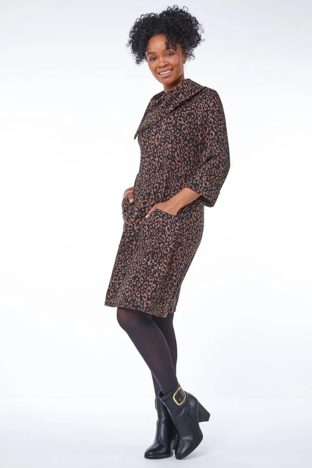 Women Camel Petite Split Neck Animal Mini Dress Roman Dresses