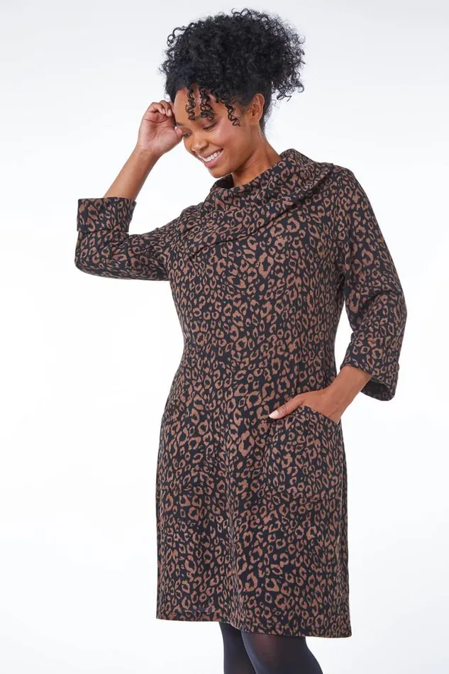 Women Camel Petite Split Neck Animal Mini Dress Roman Dresses
