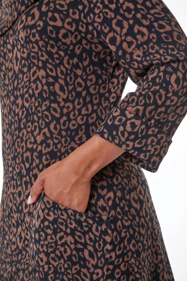 Women Camel Petite Split Neck Animal Mini Dress Roman Dresses