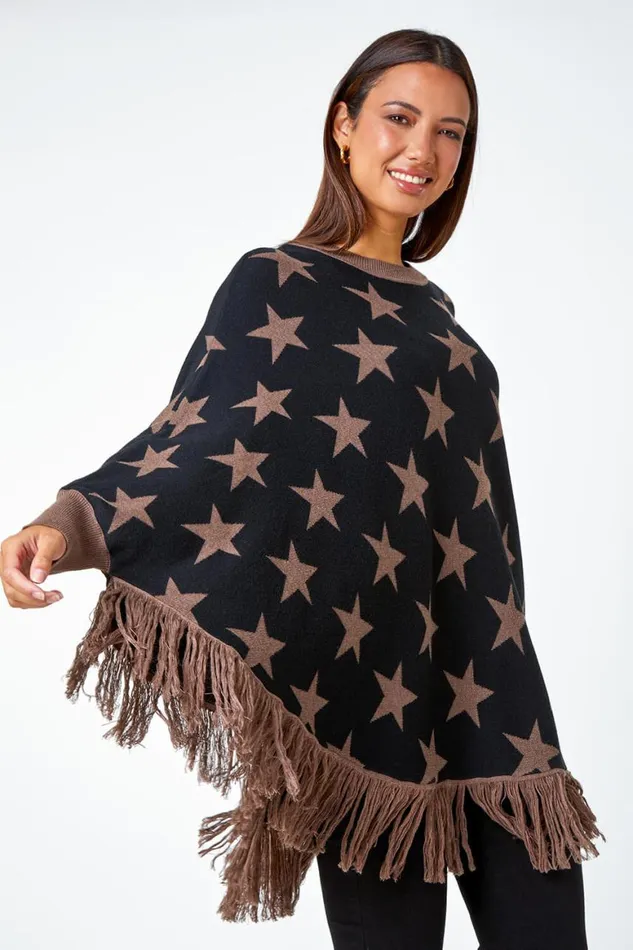 Women Camel Star Print Wool Blend Fringed Poncho Roman Knitwear