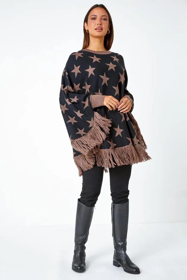 Women Camel Star Print Wool Blend Fringed Poncho Roman Knitwear