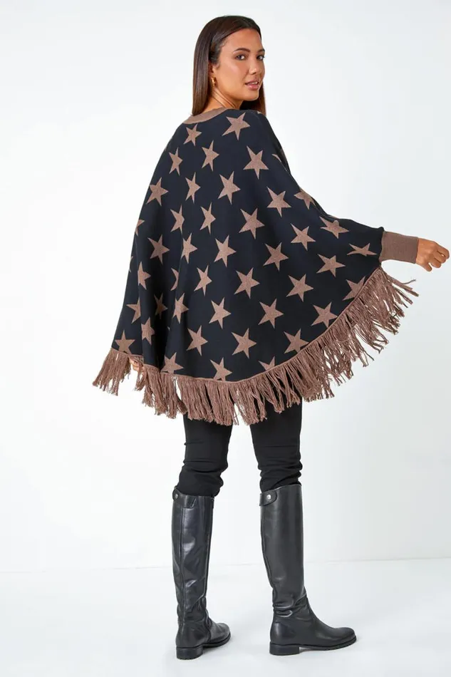 Women Camel Star Print Wool Blend Fringed Poncho Roman Knitwear