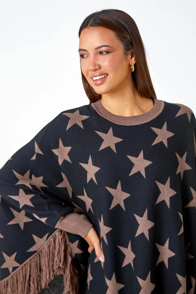 Women Camel Star Print Wool Blend Fringed Poncho Roman Knitwear