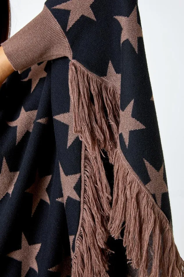 Women Camel Star Print Wool Blend Fringed Poncho Roman Knitwear