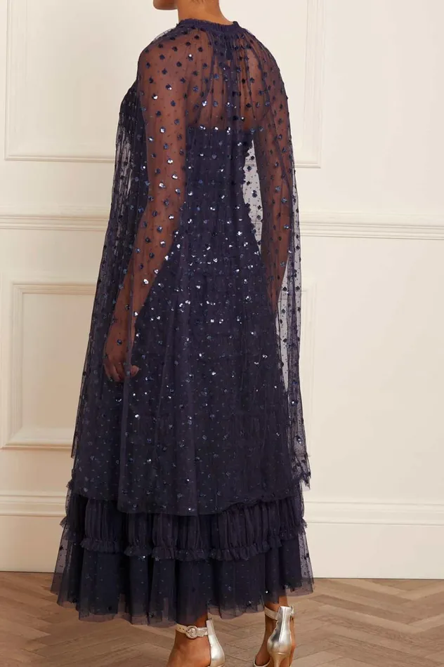 Women Capes Needle and Thread Dot Shimmer Open Midaxi Cape Blue