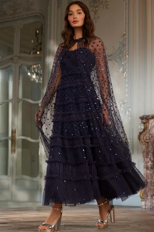 Women Capes Needle and Thread Dot Shimmer Open Midaxi Cape Blue