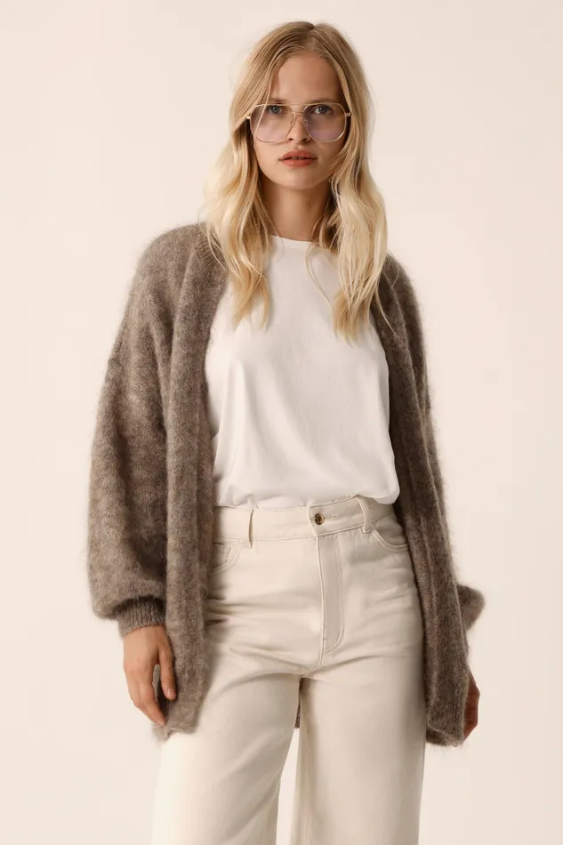 Women Cardigan Altea Marmotte Gilet Mohair Beige Fonc Des Petits Hauts Jumpers and Cardigans