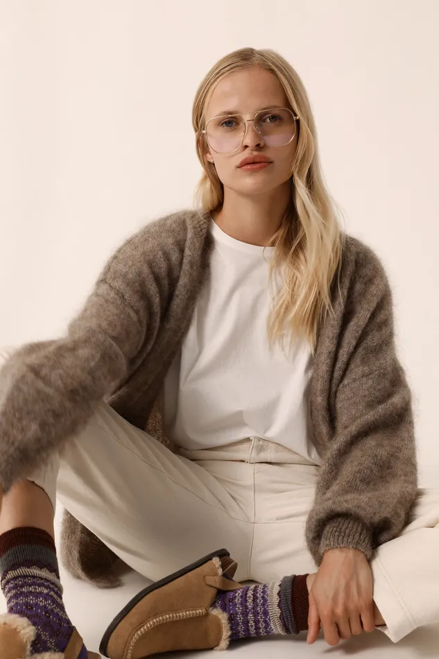 Women Cardigan Altea Marmotte Gilet Mohair Beige Fonc Des Petits Hauts Jumpers and Cardigans