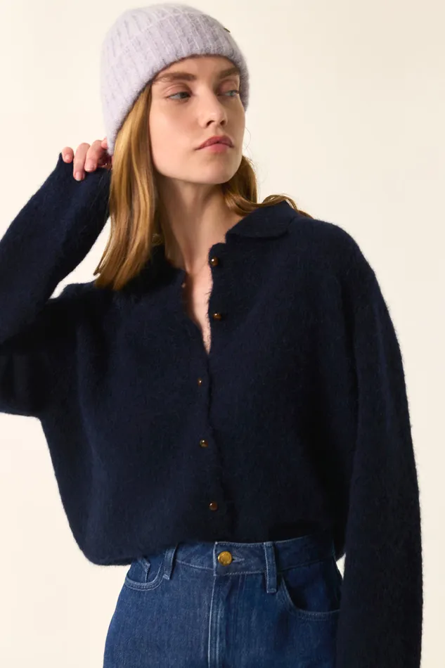 Women Cardigan Anouk Marine Gilet Alpaga Superfine Bleu Marine Des Petits Hauts Jumpers and Cardigans