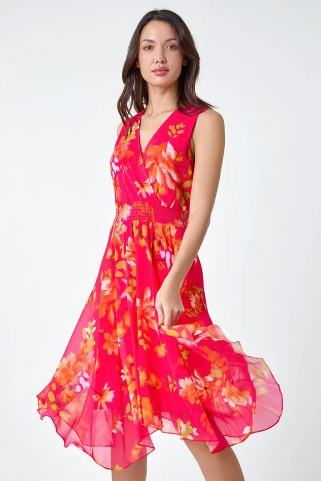 Women Cerise Chiffon Floral Print Asymmetric Shirred Dress Roman Dresses