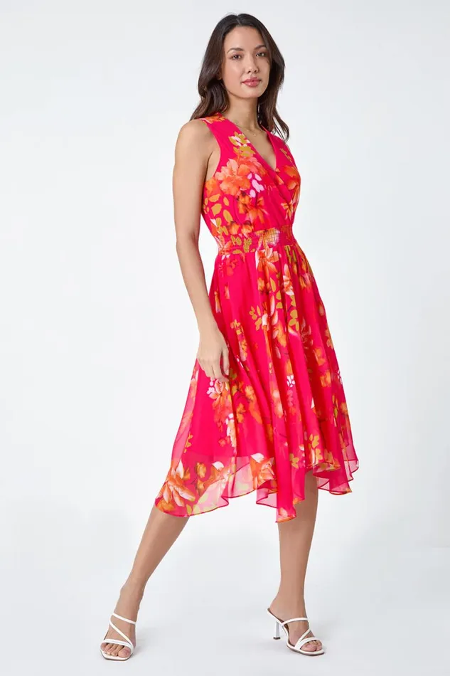 Women Cerise Chiffon Floral Print Asymmetric Shirred Dress Roman Dresses