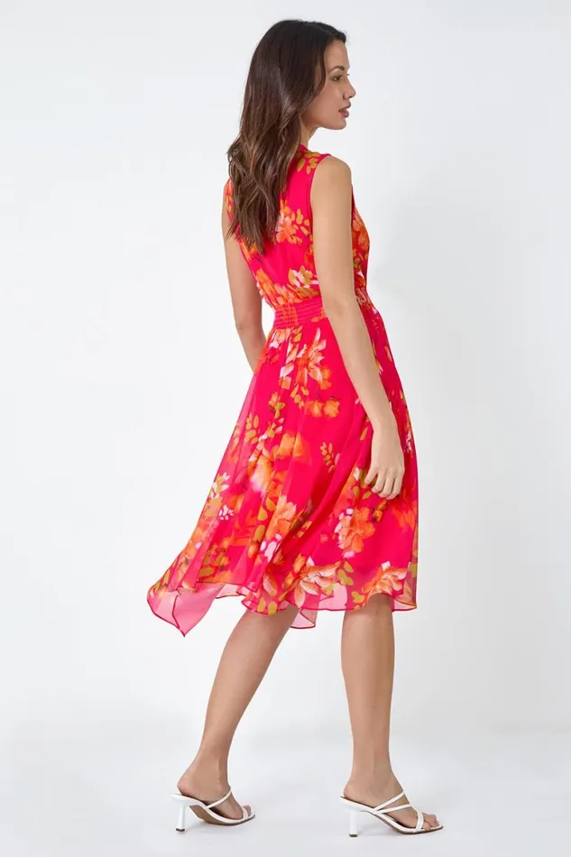 Women Cerise Chiffon Floral Print Asymmetric Shirred Dress Roman Dresses