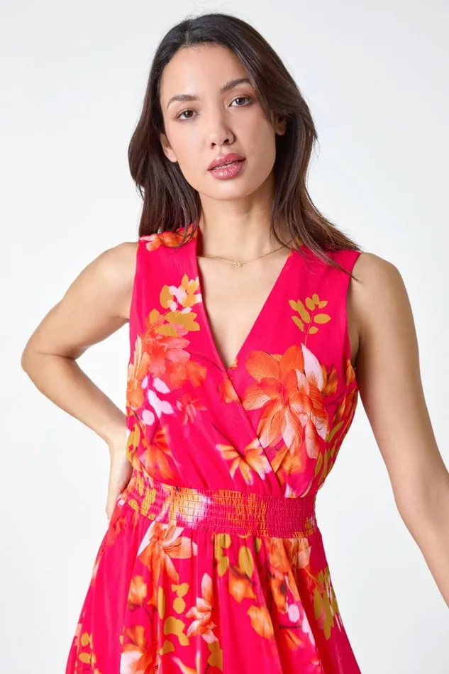 Women Cerise Chiffon Floral Print Asymmetric Shirred Dress Roman Dresses