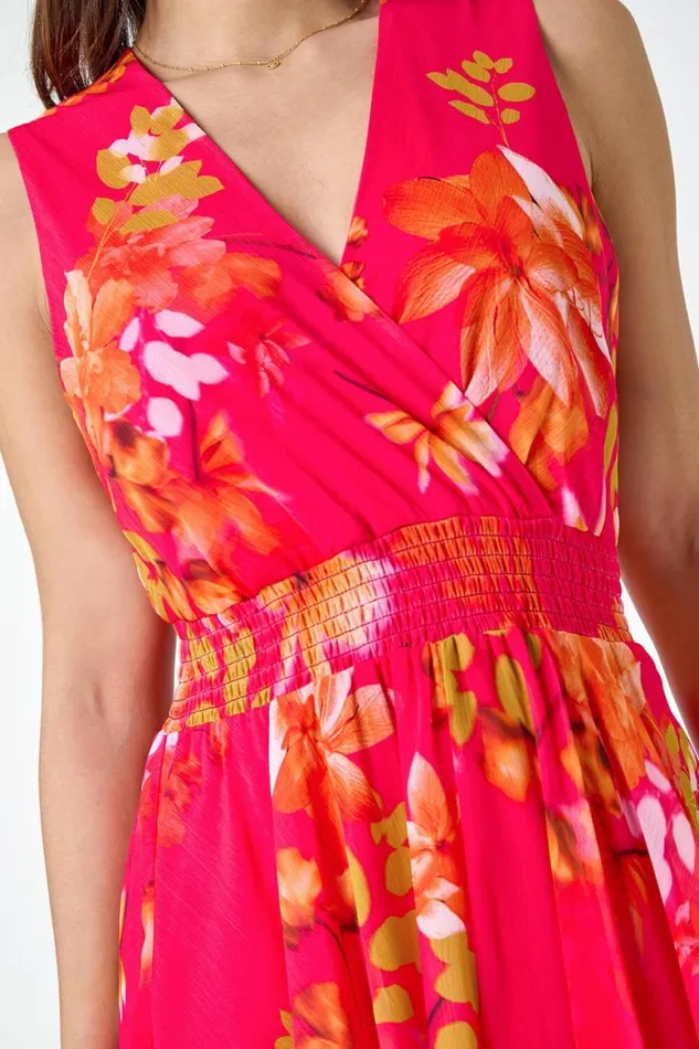 Women Cerise Chiffon Floral Print Asymmetric Shirred Dress Roman Dresses