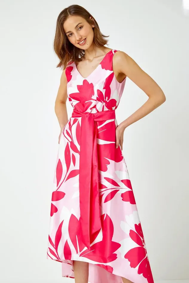 Women Cerise Floral Print Dipped Hem Jacquard Dress Roman Dresses