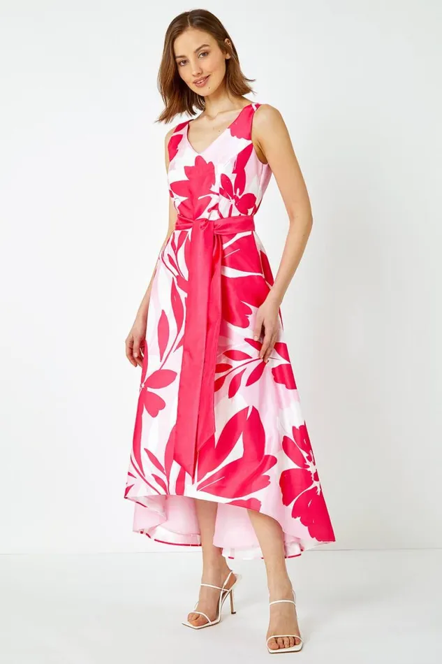 Women Cerise Floral Print Dipped Hem Jacquard Dress Roman Dresses