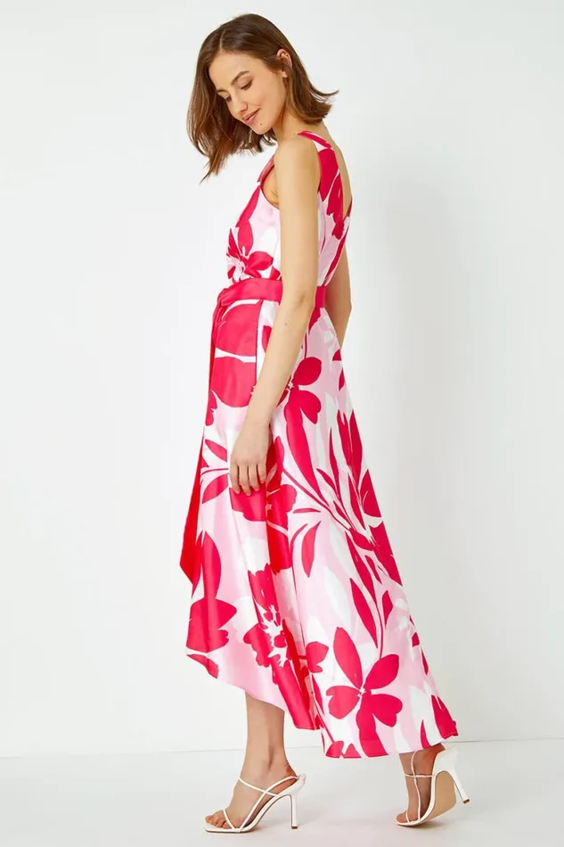 Women Cerise Floral Print Dipped Hem Jacquard Dress Roman Dresses