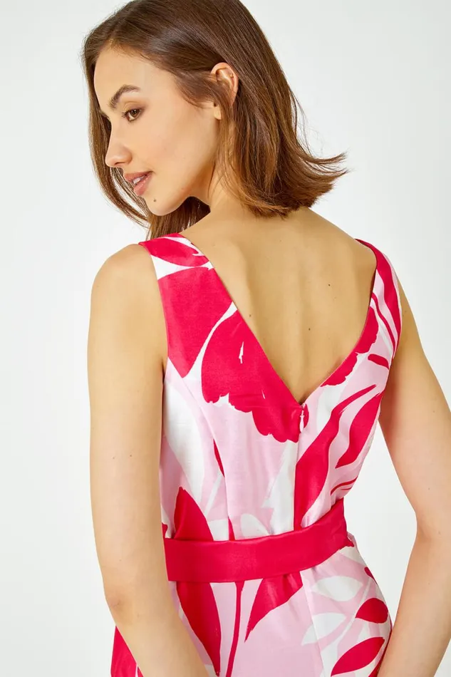 Women Cerise Floral Print Dipped Hem Jacquard Dress Roman Dresses