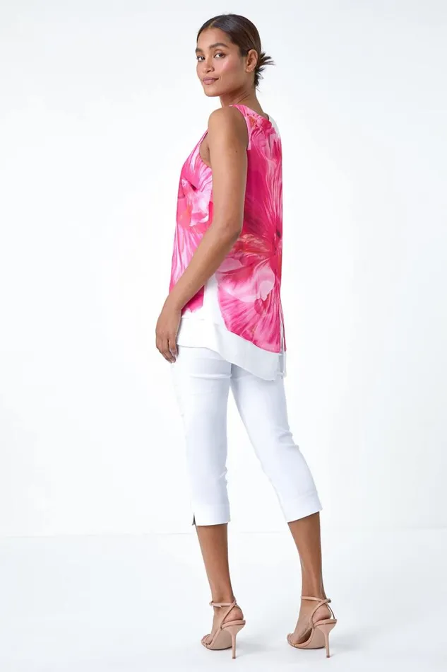 Women Cerise Floral Print Double Layer Vest Top Roman Tops
