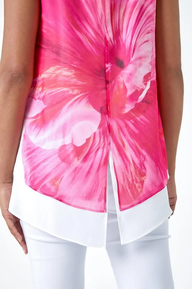 Women Cerise Floral Print Double Layer Vest Top Roman Tops