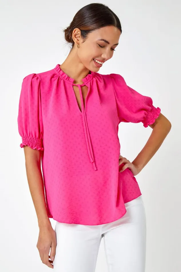 Women Cerise Frill Neck Plain Tie Detail Top Roman Tops