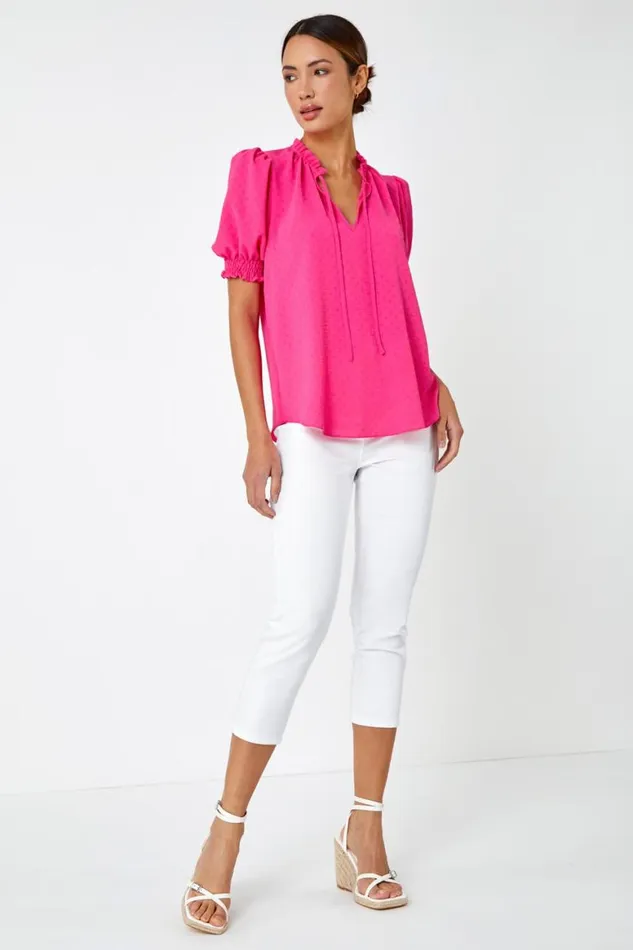 Women Cerise Frill Neck Plain Tie Detail Top Roman Tops