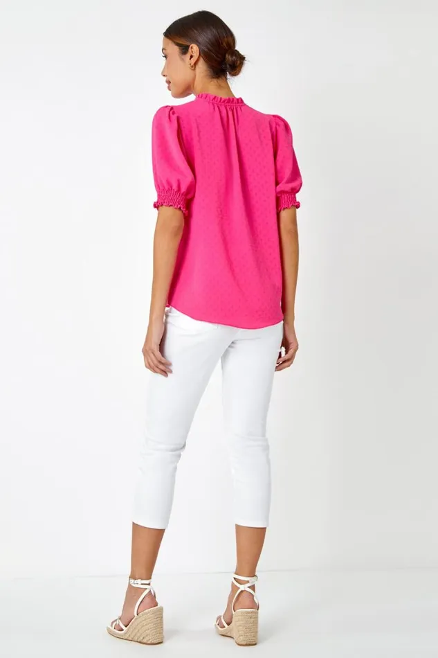 Women Cerise Frill Neck Plain Tie Detail Top Roman Tops