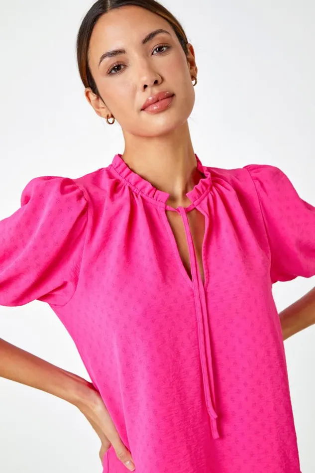 Women Cerise Frill Neck Plain Tie Detail Top Roman Tops