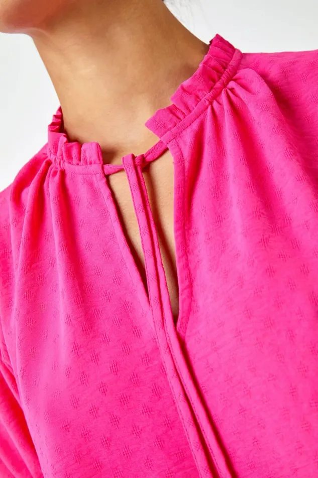 Women Cerise Frill Neck Plain Tie Detail Top Roman Tops