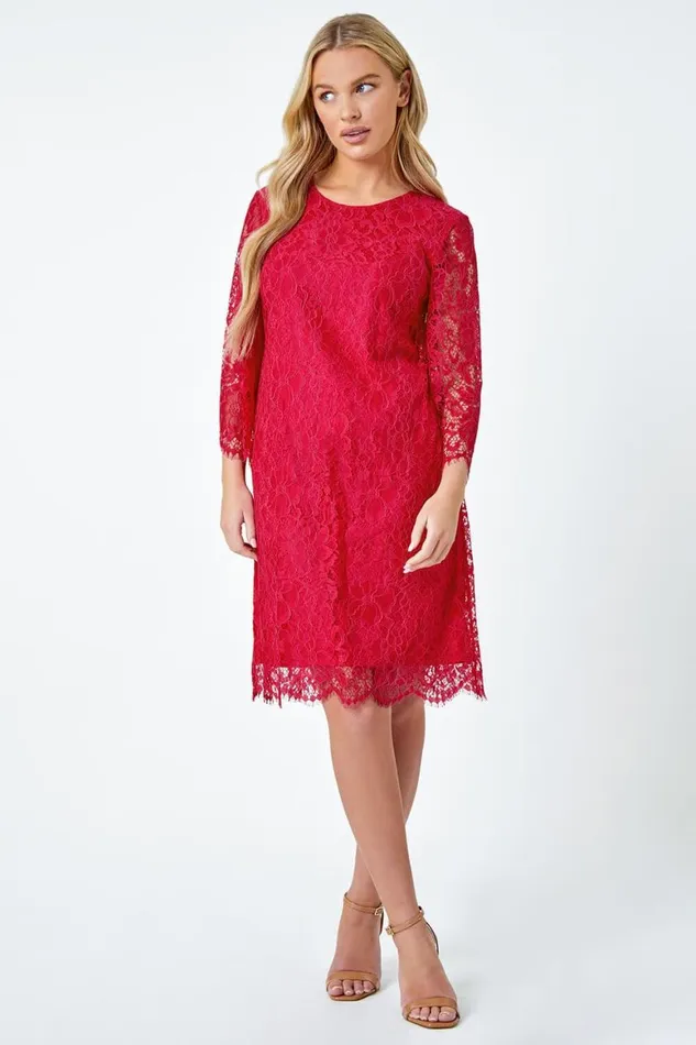 Women Cerise Petite Lace Overlay Tunic Dress Roman Dresses
