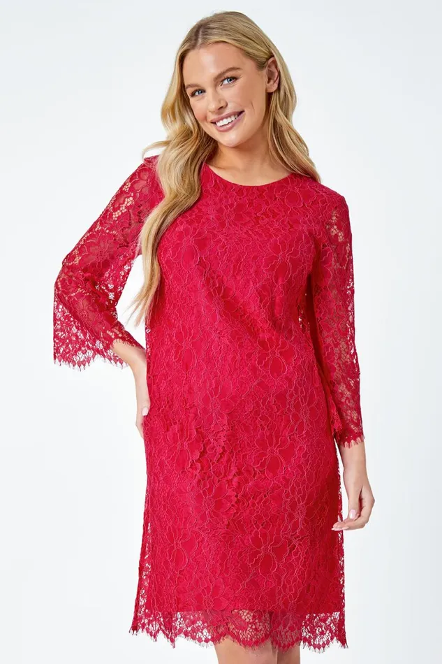 Women Cerise Petite Lace Overlay Tunic Dress Roman Dresses
