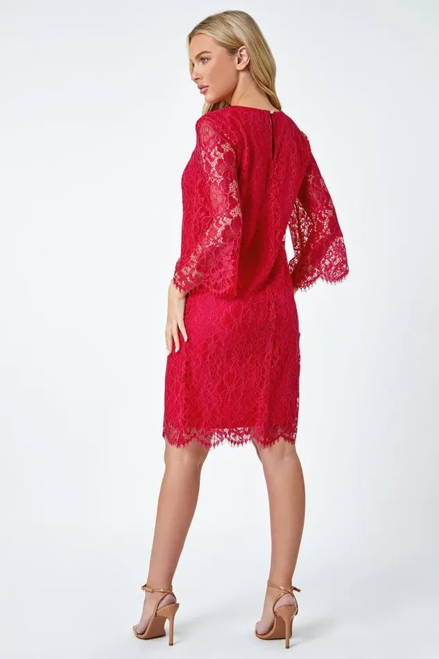 Women Cerise Petite Lace Overlay Tunic Dress Roman Dresses