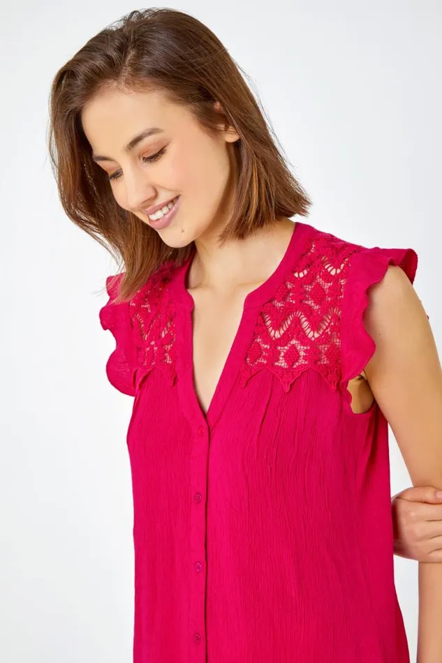 Women Cerise Sleeveless Lace Detail Blouse Roman Tops