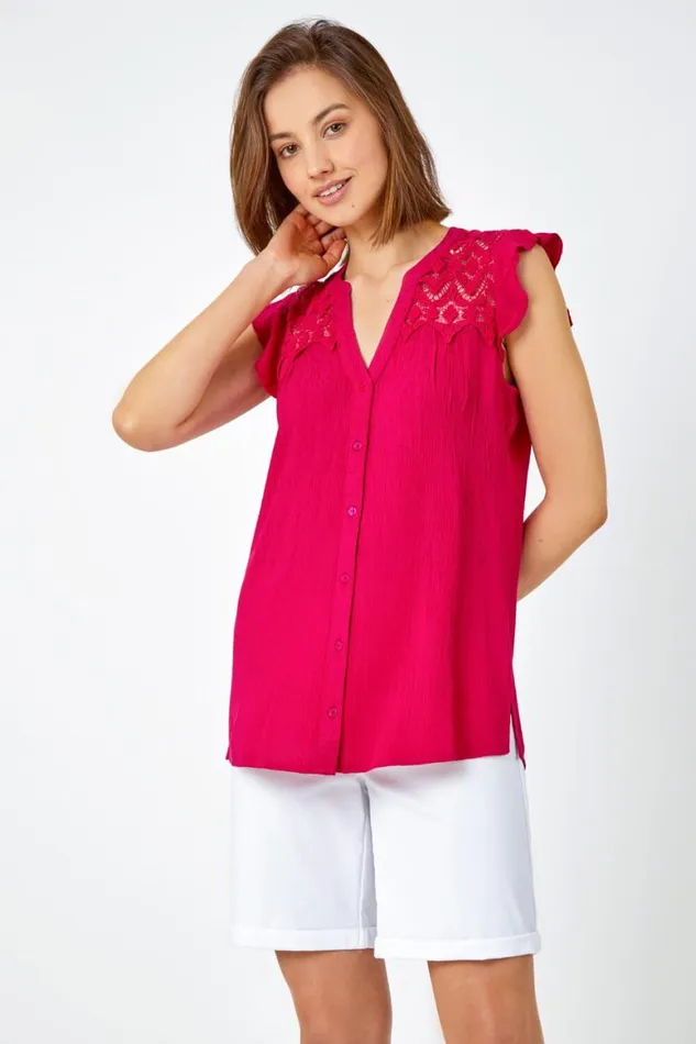 Women Cerise Sleeveless Lace Detail Blouse Roman Tops