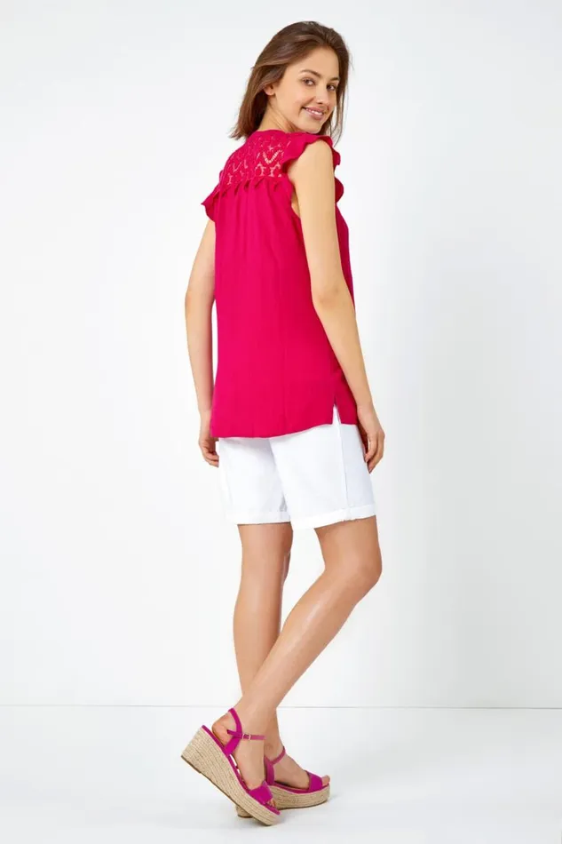 Women Cerise Sleeveless Lace Detail Blouse Roman Tops