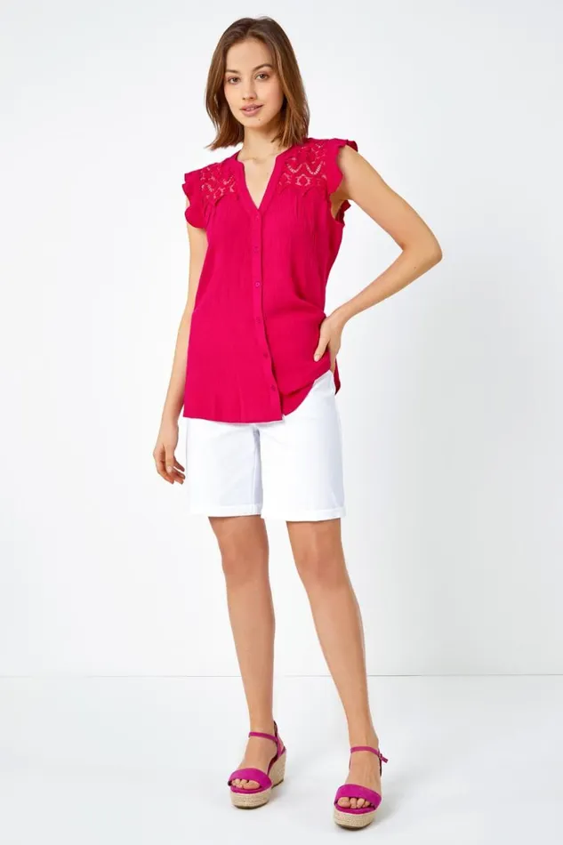 Women Cerise Sleeveless Lace Detail Blouse Roman Tops