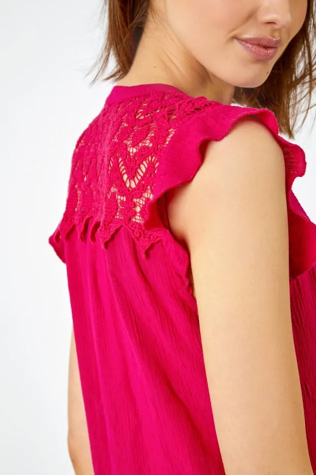 Women Cerise Sleeveless Lace Detail Blouse Roman Tops