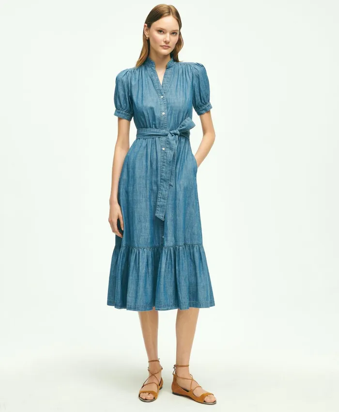 Women Chambray Puff Sleeve Shirt Dress Light Blue Brooks Brothers Dresses
