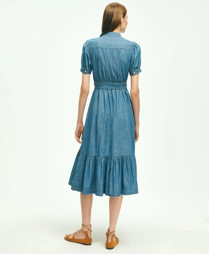 Women Chambray Puff Sleeve Shirt Dress Light Blue Brooks Brothers Dresses