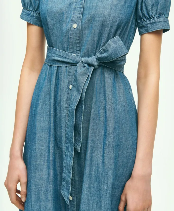 Women Chambray Puff Sleeve Shirt Dress Light Blue Brooks Brothers Dresses