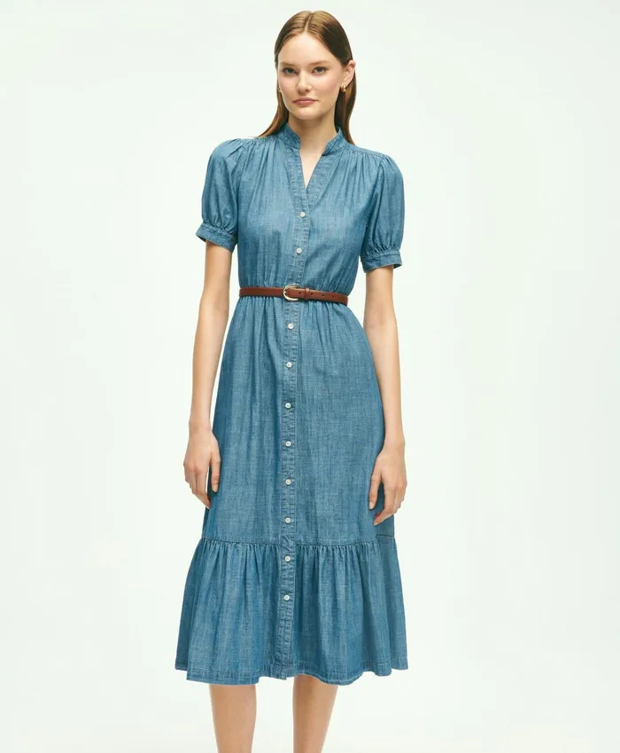 Women Chambray Puff Sleeve Shirt Dress Light Blue Brooks Brothers Dresses