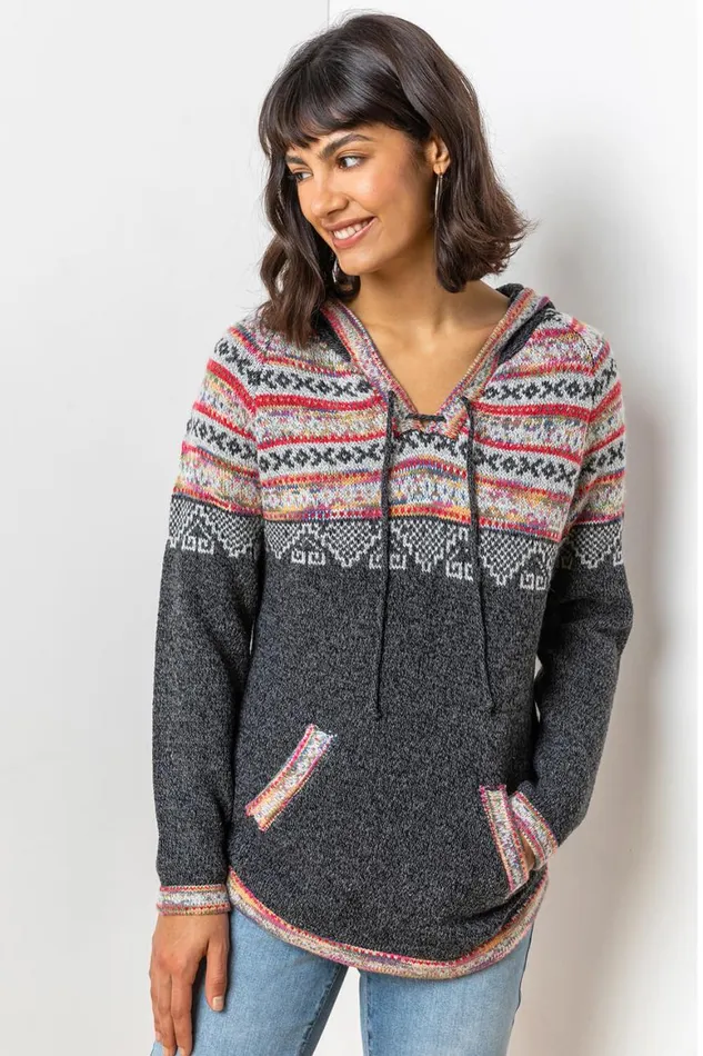 Women Charcoal Nordic Print Hooded VNeck Jumper Roman Knitwear