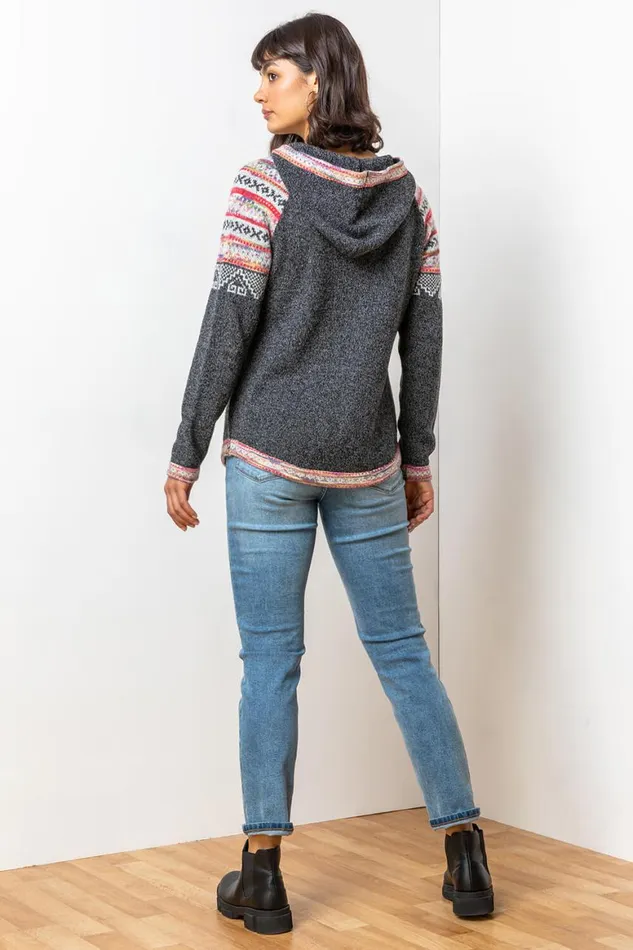 Women Charcoal Nordic Print Hooded VNeck Jumper Roman Knitwear