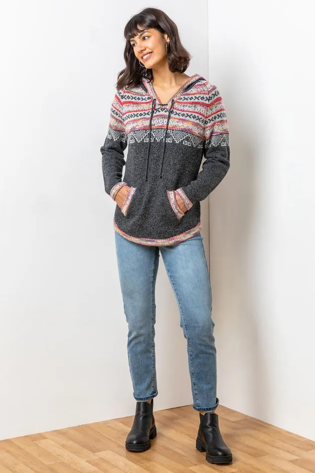 Women Charcoal Nordic Print Hooded VNeck Jumper Roman Knitwear