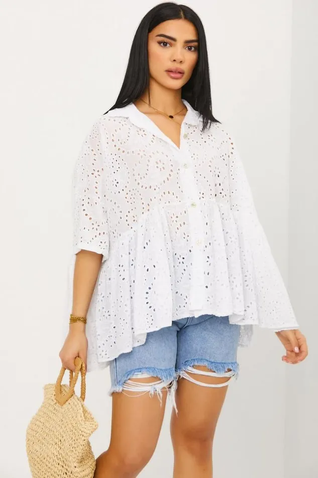 Women Chemise Blanche Dtails Crochets White Brentiny Paris Shirts and Blouses